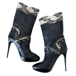 Tabitha Simmons Heidi Black Leather Snakeskin Stiletto Heeled Boots Size 39.5